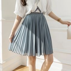 Olivia Mark - Pink Chiffon Midi Skirt with Elastic Waist and Pleats, Flattering A-line Mini Skirt Gray Pleated Mini Skirt For Spring, Light Blue Pleated Summer Skirt, Elegant Pleated Gray Mini Skirt, Light Blue Pleated Skirt For Summer, Spring Chiffon Skirt For Work, Spring Chiffon Workwear Skirt, Elegant Gray Pleated Mini Skirt, Spring Workwear Chiffon Skirt, Summer Gray Lined Skirt