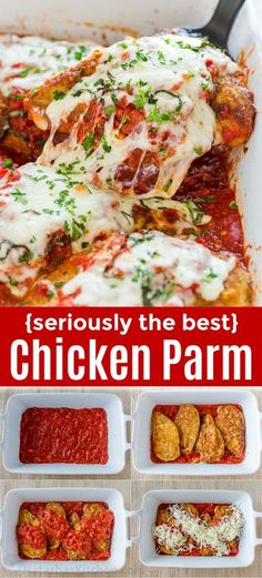 chicken parm casserole with text overlay that reads seriously the best chicken parm