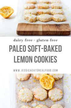 lemon cookies on a cutting board with the title text overlay reads dairy free gluen - free pale soft - baked lemon cookies