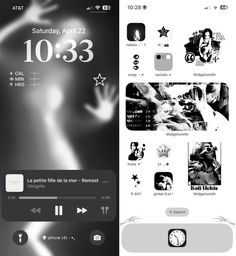 an image of a cell phone screen with the time on it and icons in black and white