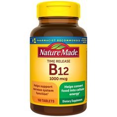 Essential for Energy Production and a Healthy Nervous System. Nature Made Vitamin B12 1000 mcg helps break down food into energy that your body can use all day long. Made with high quality ingredients, these gluten free B12 tablets have no color added, no artificial flavors and no preservatives. Nature Made Vitamin B12 helps support energy metabolism. B12 vitamins are important for vegetarians and vegans who may not consume enough from diet alone.  . This Vitamin B12 supplement also feature Good Vitamins For Women, Nature Made Vitamins, B12 Vitamin Supplement, Vitamins For Women, Vitamin D3, Vitamin B12, Immune Health, Vitamin Supplements, Vitamins & Supplements