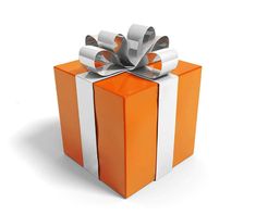 an orange gift box with silver ribbon and bow