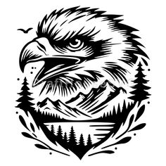 an eagle head with mountains and trees in the background, black and white illustration on a white