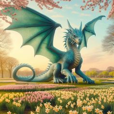 a blue dragon sitting on top of a lush green field next to pink and white flowers