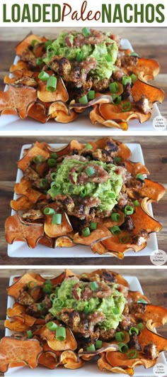 a white plate topped with nachos covered in guacamole