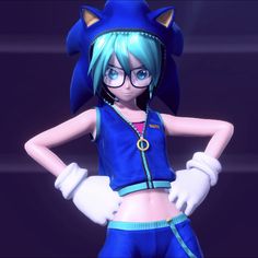 a cartoon character with blue hair wearing glasses and a cat ears hat, standing in front of a dark background