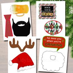 three christmas cards with santa hats, beards and other holiday related items on them