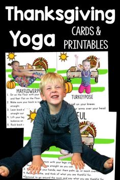 a young boy sitting on the ground with thanksgiving cards and printables