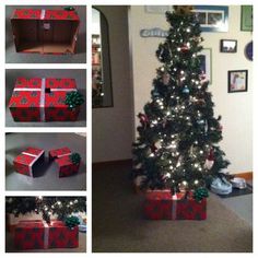 a christmas tree with presents wrapped in red and green paper on it, surrounded by other pictures