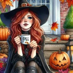 a painting of a girl wearing a witches hat and holding a coffee mug in front of pumpkins