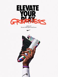 a person holding up a pair of shoes with the words, elevate your brain greatness