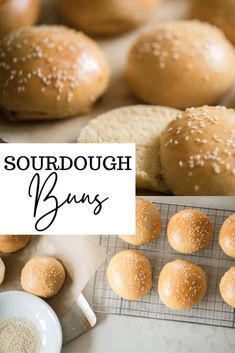 several different types of bread buns with sesame seeds on top and the words sourdough buns above them