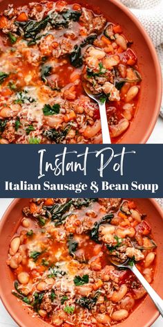 two bowls filled with italian sausage and bean soup