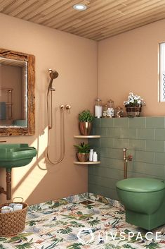 a green toilet sitting next to a sink in a bathroom under a mirror and tiled floor