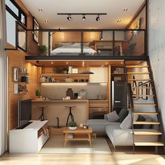 a living room filled with furniture next to a staircase leading up to a loft bed