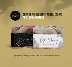 two soap bars sitting next to each other on top of a yellow background with the words, change the wording, font colors, and logo and more