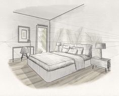 a drawing of a bedroom with a large bed