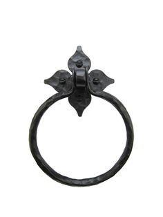 an iron towel ring with three leaves on the front and center, set against a white background