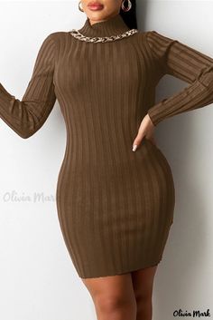 Olivia Mark - Classic Chic: Womens Half Turtleneck Backless Long Sleeve Dress in Brown Long Sleeve Backless Dress, Long Sleeve Turtleneck Dress, Red Christmas Dress, Black Backless Dress, Long Sleeve Dresses, Turtleneck Long Sleeve, Sweater Dress Women, Style Noir, Black Long Sleeve Dress