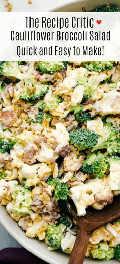 broccoli and cauliflower salad in a white bowl with a wooden spoon