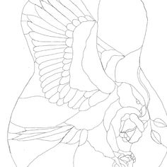 a drawing of a bird with wings and flowers on it's back side, in black and white