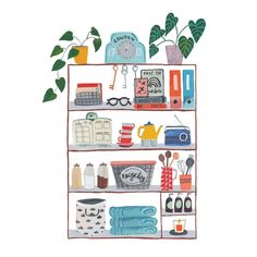 an illustration of a shelf with various items on it