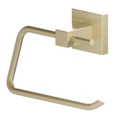 the brass towel ring is attached to an open toilet paper holder with a square shaped handle