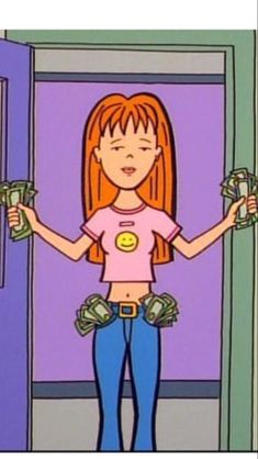 a cartoon girl holding cash in her hands and looking at the camera with money coming out of her pocket