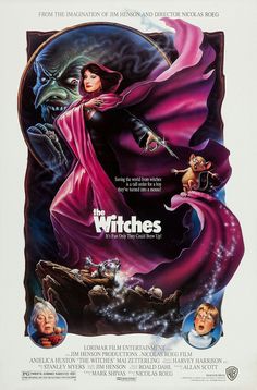 the witches movie poster with an image of a woman in a purple dress and two monsters