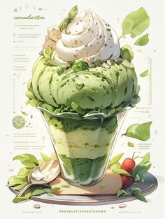 an ice cream sundae with whipped cream and green toppings on top, surrounded by leaves