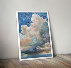 a painting on a wall with a plane flying in the sky above clouds and water