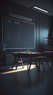 an empty classroom with desks and a chalkboard on the wall in the dark