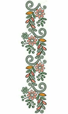 an embroidery design with flowers and leaves on white fabric, in the shape of a vertical line