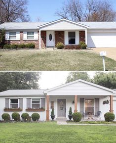 before and after photos of a white house with red brick siding, green grass in front