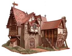 a drawing of a house made out of wood and stone with a dog in the doorway