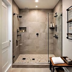 a walk in shower sitting inside of a bathroom