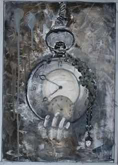 a painting of a clock with chains on it's face and hands in the middle