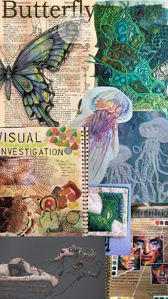 collage of various images and text with butterfly on them, including an image of jellyfish