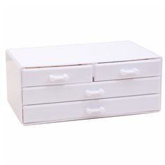 a white wooden chest with two drawers and three dogs bone knobs on each drawer