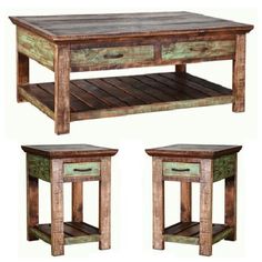 two wooden tables with drawers on each side and one shelf below the table is made out of wood