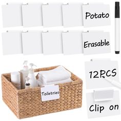 the basket is labeled with labels for each item