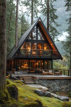 a house in the woods with stairs leading up to it