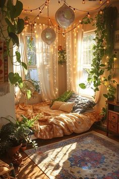 a bedroom with plants and lights hanging from the ceiling over the bed, along with an area rug on the floor