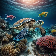 a painting of a turtle and other sea animals swimming over corals in the ocean