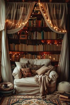 a living room filled with lots of furniture and bookshelves covered in fairy lights