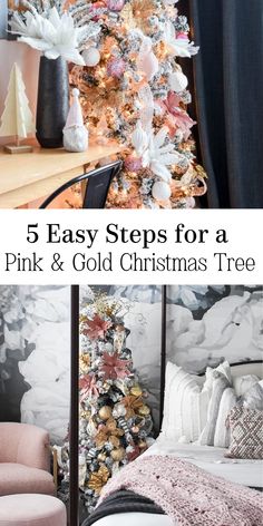 Pink and Gold Christmas Tree Gold And Pink Christmas Tree, Pink And Gold Christmas Tree, Pink And Gold Christmas, Gold Christmas Tree Decorations, Gold And Pink, Pink Christmas Tree, Gold Christmas Tree, Gold Ornaments, Pink Accents