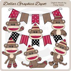 three sock monkeys with hats and banners