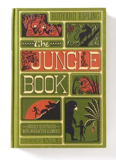 the jungle book is on display in front of a white background with an orange and green cover