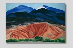 a painting of mountains with trees and bushes