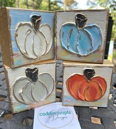 Create an elegant Autumn display wall or tablescape for indoor or covered outdoor areas with these 6x6 pumpkins on gallery canvas and mini 3x3 pumpkins on wood blocks. Artist signature and company name are included on the back. Because each design is individually drawn and textured, the art on each block and canvas is unique and will vary slightly. Abstract Pumpkin, Fall Canvas Art, Wood Block Art, Fall Blocks, Acrylic Inspiration, Pumpkin Canvas, Fun Decorations, Textured Paint, Fall Palette